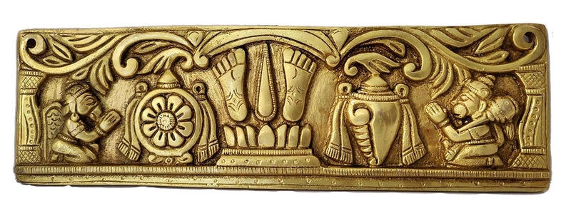 GURU JEE Handcrafted Brass Wall Decor Decorative Metal Plate Lord Vishnu Symbol Shankh Chakra Namah Figurines Statue Sculpture for Home Gifts Showpiece - Image 1