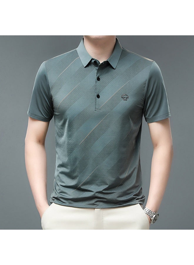 Summer  Men's Short Sleeve Polo Shirt Trendy Collar Ice Silk T-Shirt Loose Fit Striped Pattern Comfortable Body Tee Top  - Image 1