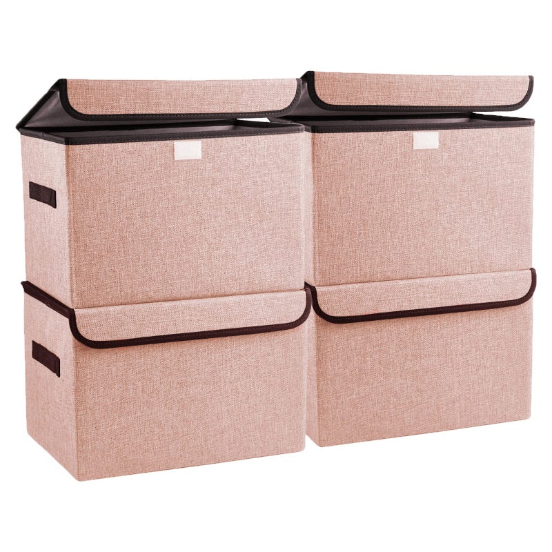Bagnizer Linen Fabric Foldable Storage Cube Bin Organizer Basket with FlipTop Lid  Handles Large Clothes Blanket Box for Home Office Closet Pink 4 Pack 146 x 95 x 95
