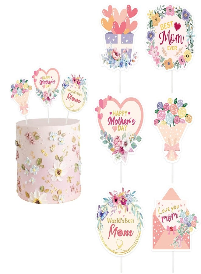UNIIDECO Happy Mother's Day Cake Toppers, 12 PCS Floral Cupcake Toppers for Flowers Bouquet Mothers Day Decorations Father's Day Birthday Party Supplies - Image 1