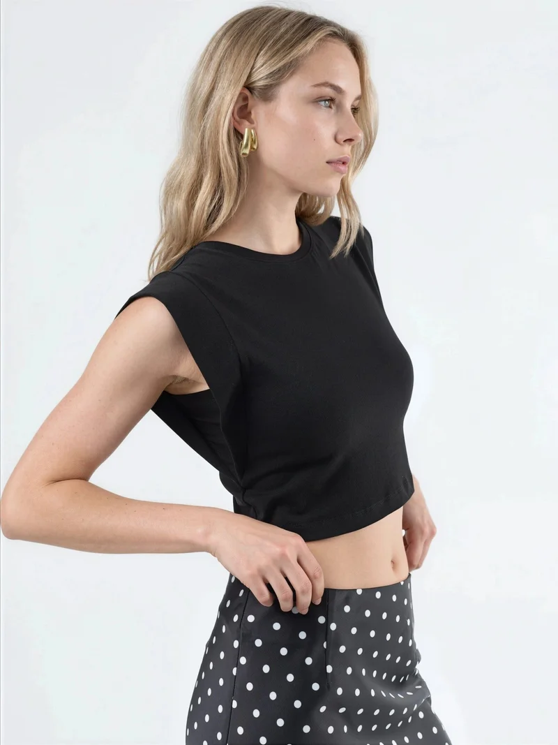 بوسيم BUSEM Crew Neck Cotton Blend Sleeveless Crop Top