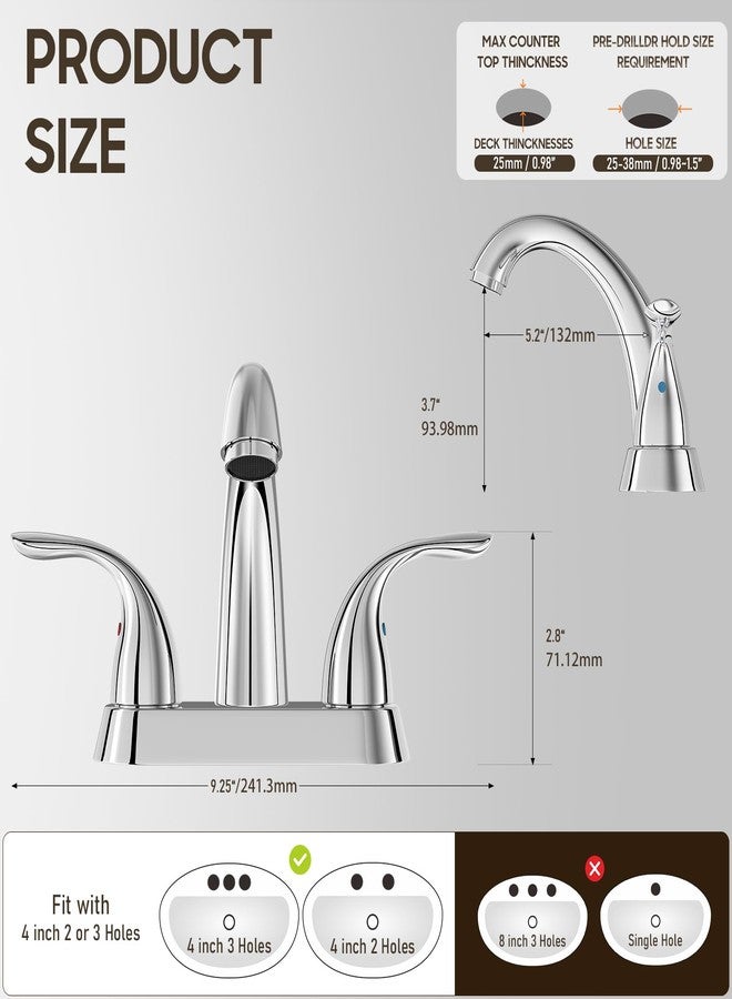 phiestina Chrome 4 Inch 2 Handle Centerset 3Hole Bathroom Faucet, Bathroom Faucet with Copper Pop Up Drain and Water Supply Lines, BF008-5-C - Image 3
