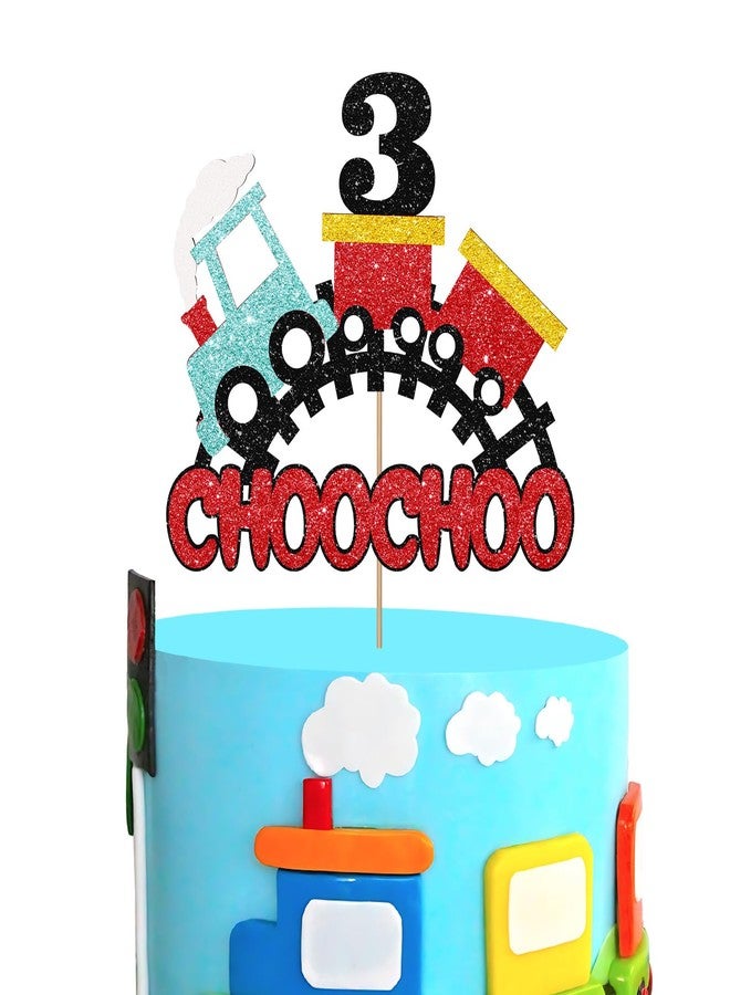 SUPERLUBY Train 3rd Birthday Cake Topper, Choo Choo I'm 3, Transportation 3 Years Old Birthday Cake Decor, Red Glitter - Image 1