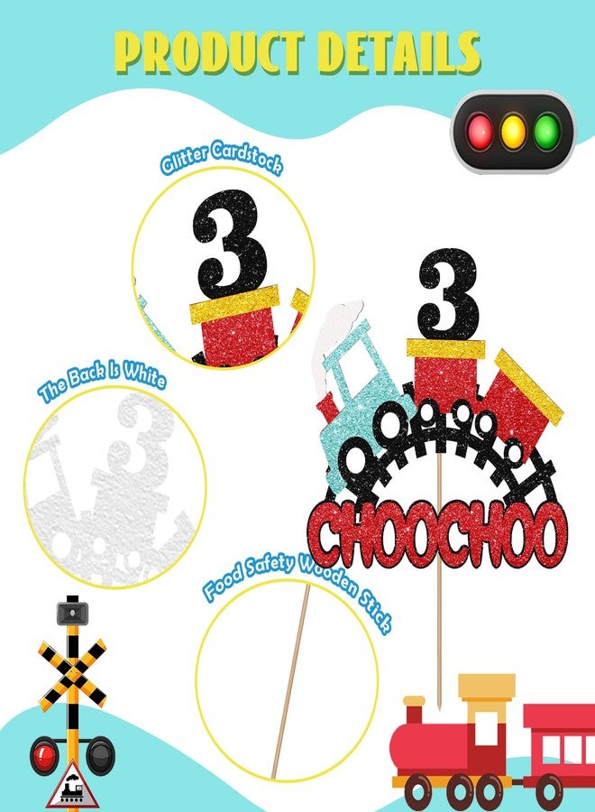 SUPERLUBY Train 3rd Birthday Cake Topper, Choo Choo I'm 3, Transportation 3 Years Old Birthday Cake Decor, Red Glitter - Image 3