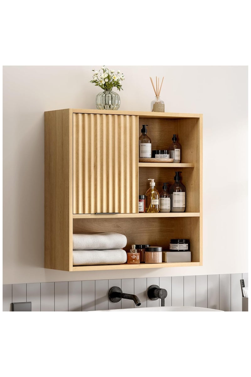 شوغوري خزانة حائطية مخددة للحمام، خزانة أدوية حديثة بباب منزلق ورف قابل للتعديل، خزانة تخزين خشبية مثبتة على الحائط للمطبخ وغرفة الطعام وغرفة المعيشة، بلون البلوط الطبيعي - Image 1