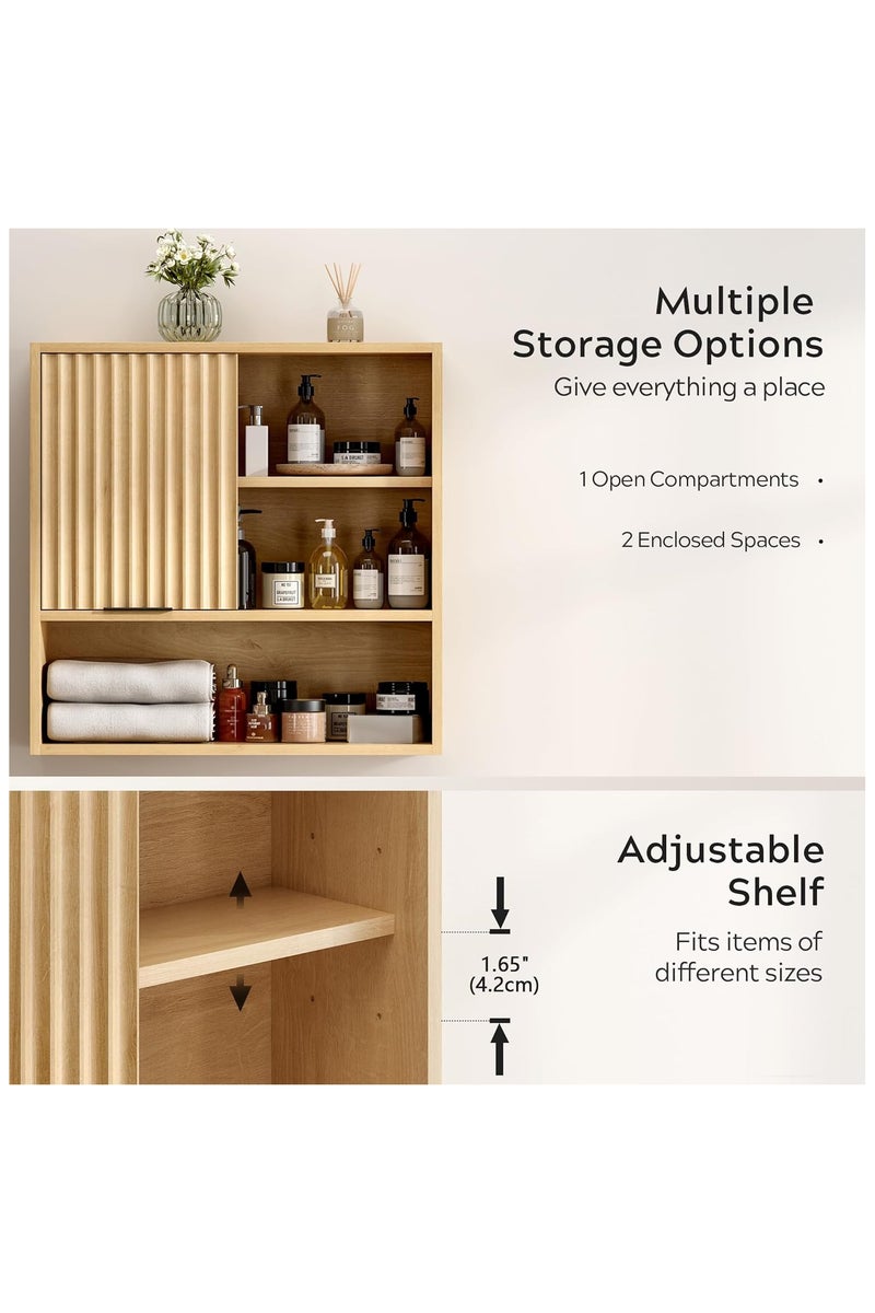 شوغوري خزانة حائطية مخددة للحمام، خزانة أدوية حديثة بباب منزلق ورف قابل للتعديل، خزانة تخزين خشبية مثبتة على الحائط للمطبخ وغرفة الطعام وغرفة المعيشة، بلون البلوط الطبيعي - Image 3