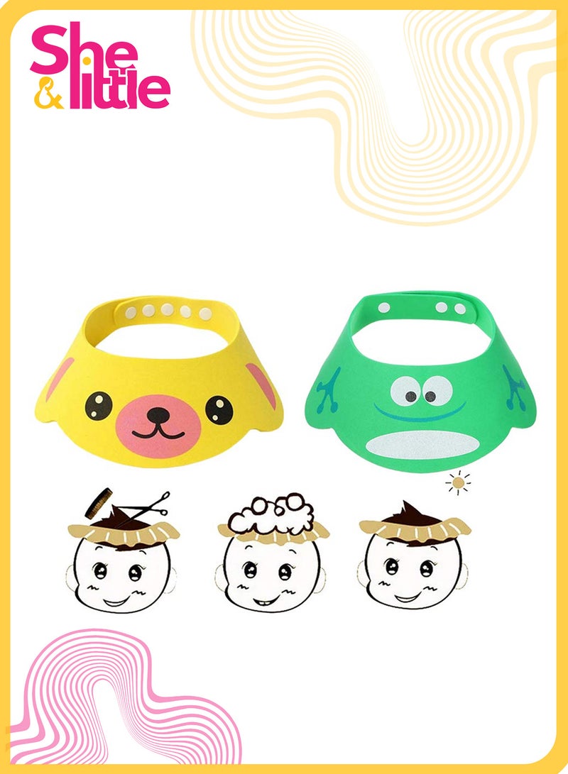 She&Little 2 Pcs Adjustable Cartoon Baby Shampoo Bath Cap, Soft EVA Shower Hat, Bathing Protection Hat for Infants & Kids (Green & Yellow) - Image 1