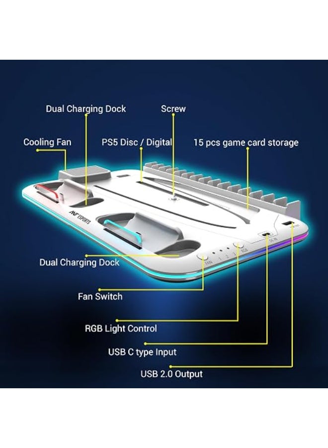 ANT Esports Renewed - Ant Esports Dock5 RGB with Cooling Fan and Dual Controller Charger Station, PS5 Console Disc & Digital Edition, PS5 Cooling Station Accessories with RGB Light/Headset Holder/6 Game Slots/Screw (White) - Image 4