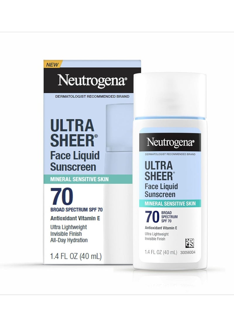 Neutrogena Ultra Sheer Face Liquid Mineral Sunscreen, Lightweight, Broad Spectrum SPF 70 Facial Sunscreen for Sensitive Skin Leaves a Silky, Non-Greasy Finish, Oxybenzone-Free 40ml - Image 1
