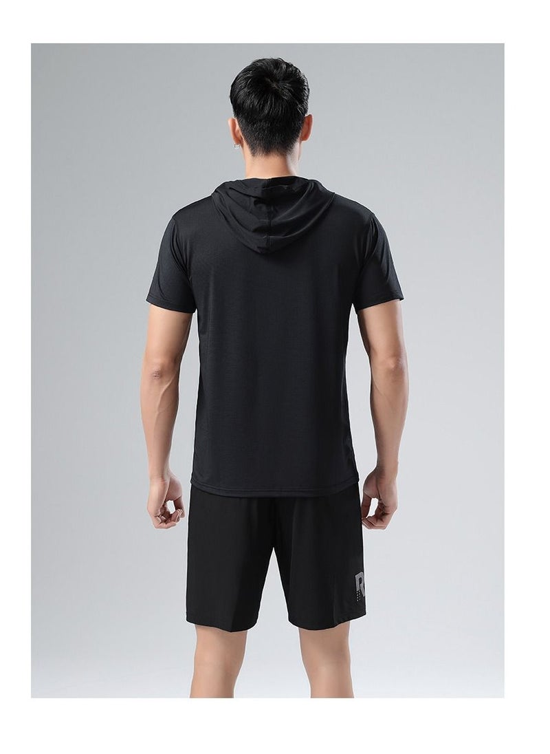 UTDOORWEAR - تي شيرت رجالي صيفي رياضي سريع الجفاف بغطاء رأس وأكمام قصيرة - Image 1