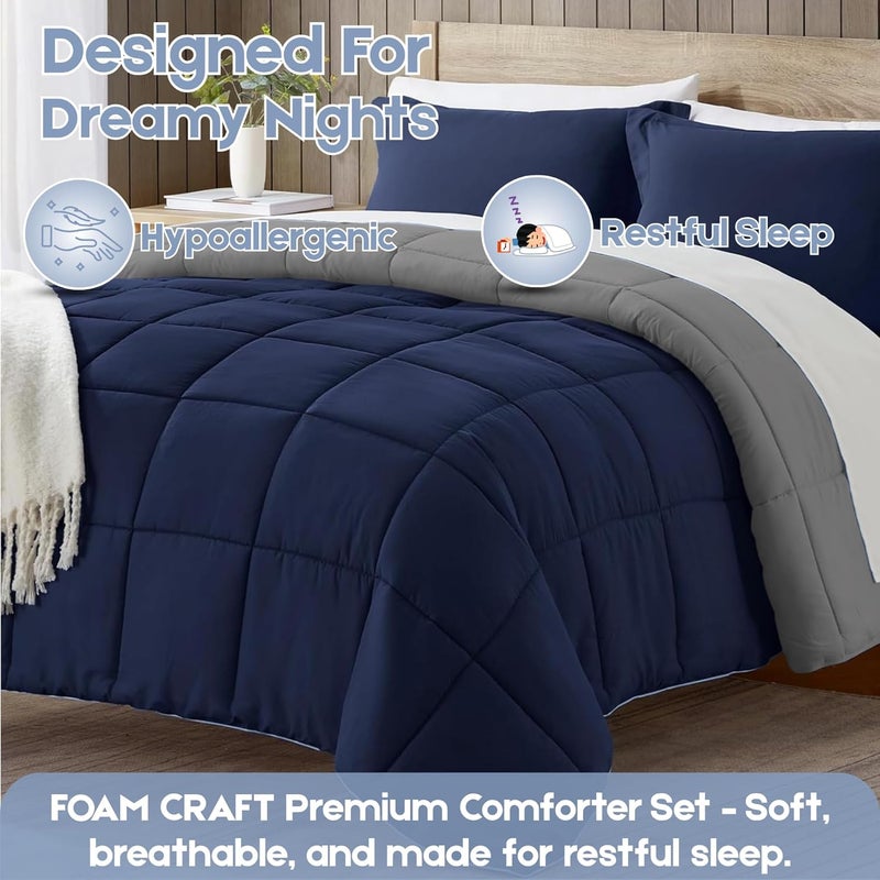 FOAM CRAFT 3 Piece Bed Comforter Set - Cozy Down Alternative Filled Comforter & 2 Pillow Shams, Twin Size (Navy/Grey, 135 x 200cm) - Image 3