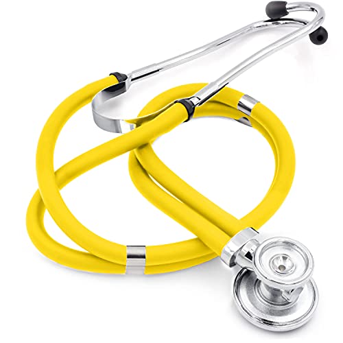MABIS Stethoscope Sprague Rappaport 5 in 1 for Heart Sounds and Murmurs on Adult, Pediatric and Infants, 5 Interchangeable Chest Pieces, 3 Bells and 2 Diaphragms, 22 Inch Y Tubing, Retail Box, Yellow - Image 1