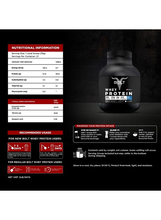 Bolt 100% Whey Protein Powder|With Superfood Phycocyanin|2Lb/907Gm (27 Servings)|Unflavoured - Image 4