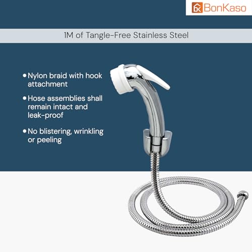 BonKaso: ABS Health Faucet | Chrome Silver Jet Spray for Toilet- High-Pressure Handheld Bidet Sprayer, Leak-Proof Push Button, Anti-Clog Nozzles | 1M Tangle-Free Stainless Steel Hose | Flexible Tube - Image 4