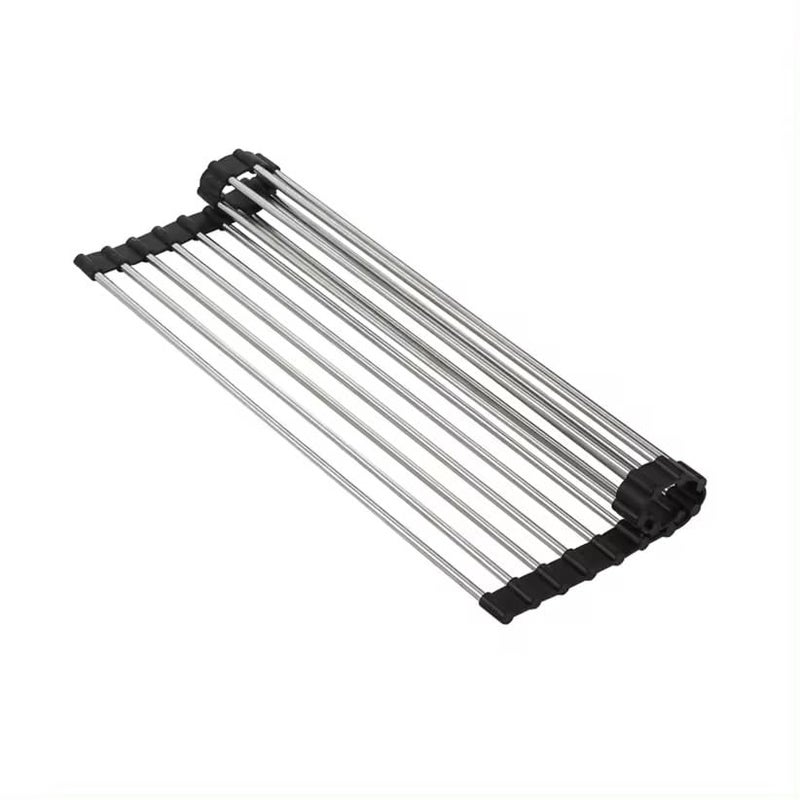 Kruvad Dish Drying Rack Foldable Stainless Steel Over Sink Rack Dish Roll Kitchen Drainer Rack Black Portable Rack Roll Up Dish for Utensils Fruits Vegetables Etc 52x40x1 CM - Image 1