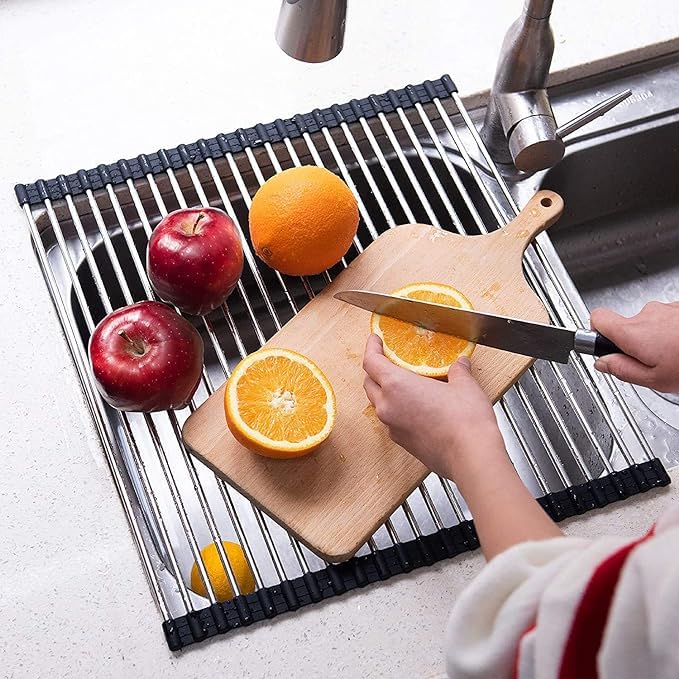 Kruvad Dish Drying Rack Foldable Stainless Steel Over Sink Rack Dish Roll Kitchen Drainer Rack Black Portable Rack Roll Up Dish for Utensils Fruits Vegetables Etc 52x40x1 CM - Image 3