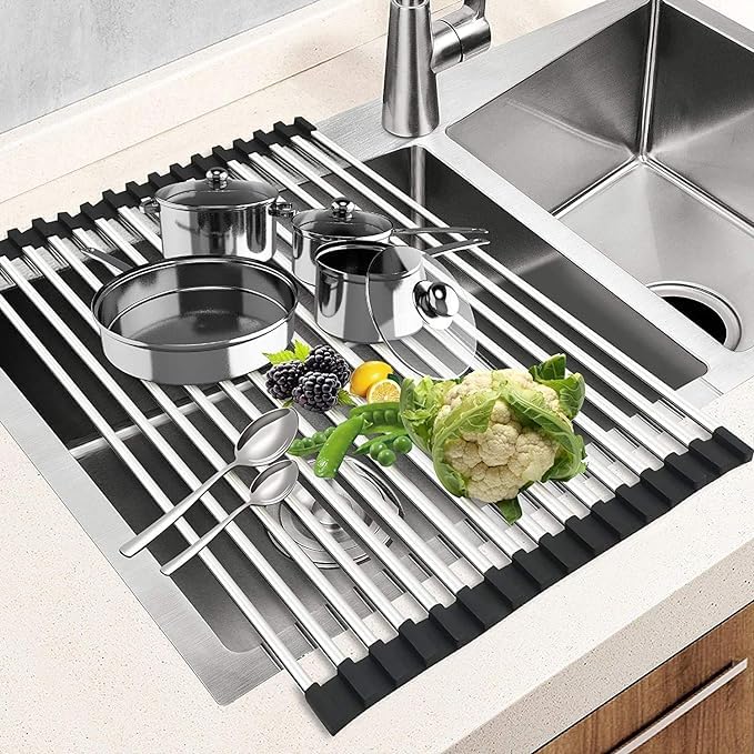 Kruvad Dish Drying Rack Foldable Stainless Steel Over Sink Rack Dish Roll Kitchen Drainer Rack Black Portable Rack Roll Up Dish for Utensils Fruits Vegetables Etc 52x40x1 CM - Image 4