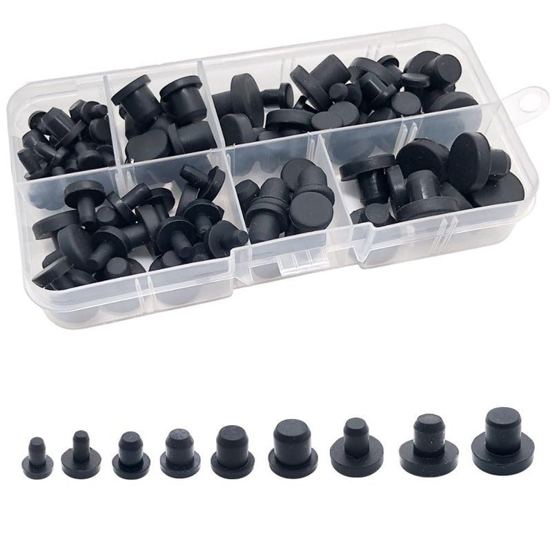 MONEXIO 100 Pcs Silicone Rubber Hole Plugs Set - 9 Sizes T-Type Black Silicone Plugs Caps for Powder Coating, Waterproof Sealing, Pipe/Test Tube Caps - Heat Resistant, Durable, Multi-Purpose (Black) - Image 1