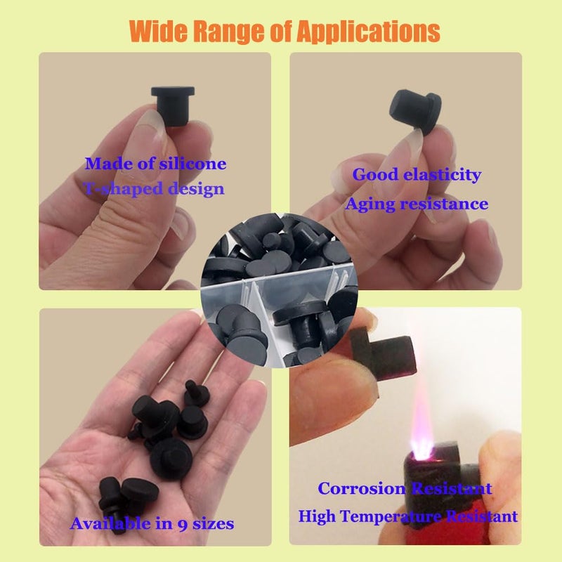 MONEXIO 100 Pcs Silicone Rubber Hole Plugs Set - 9 Sizes T-Type Black Silicone Plugs Caps for Powder Coating, Waterproof Sealing, Pipe/Test Tube Caps - Heat Resistant, Durable, Multi-Purpose (Black) - Image 4