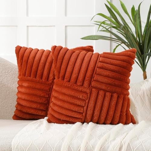 All Smiles Fall Throw Pillow Covers 18x18 Set of 2 Burnt Orange Faux Fur Soft Fluffy Velvet Cushion Case Autumn Thanksgiving Decoration Farmhouse Home Decor for Couch Bed Sofa Living RoomBoho Rust - Image 1