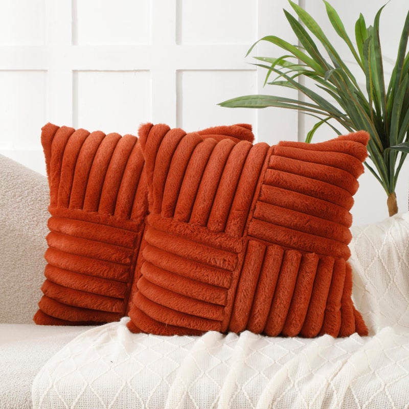 All Smiles Fall Throw Pillow Covers 18x18 Set of 2 Burnt Orange Faux Fur Soft Fluffy Velvet Cushion Case Autumn Thanksgiving Decoration Farmhouse Home Decor for Couch Bed Sofa Living RoomBoho Rust - Image 2