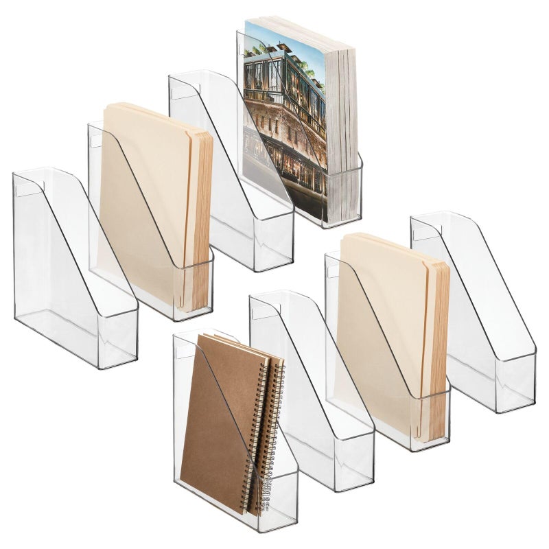 mDesign Plastic Slim Vertical File Folder Storage Organizer Bin with Handle - Hold Notebooks, Binders, Envelopes, Magazines for Home Office, Work Desktops, Ligne Collection, 2 Pack, Clear - Image 1