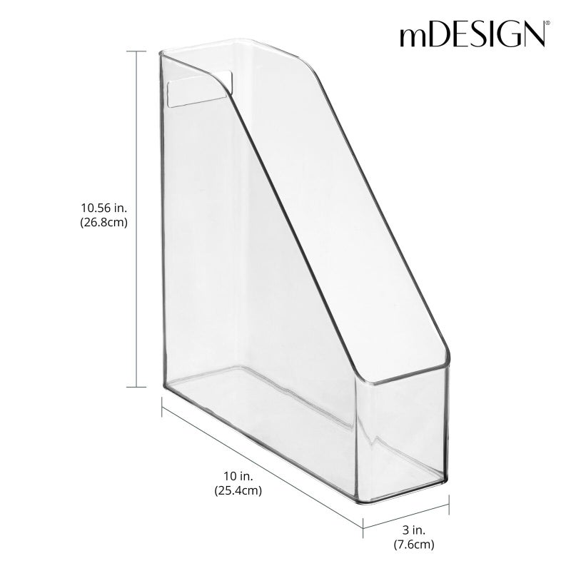 mDesign Plastic Slim Vertical File Folder Storage Organizer Bin with Handle - Hold Notebooks, Binders, Envelopes, Magazines for Home Office, Work Desktops, Ligne Collection, 2 Pack, Clear - Image 3