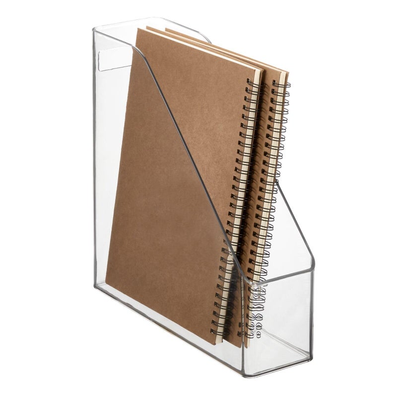 mDesign Plastic Slim Vertical File Folder Storage Organizer Bin with Handle - Hold Notebooks, Binders, Envelopes, Magazines for Home Office, Work Desktops, Ligne Collection, 2 Pack, Clear - Image 5