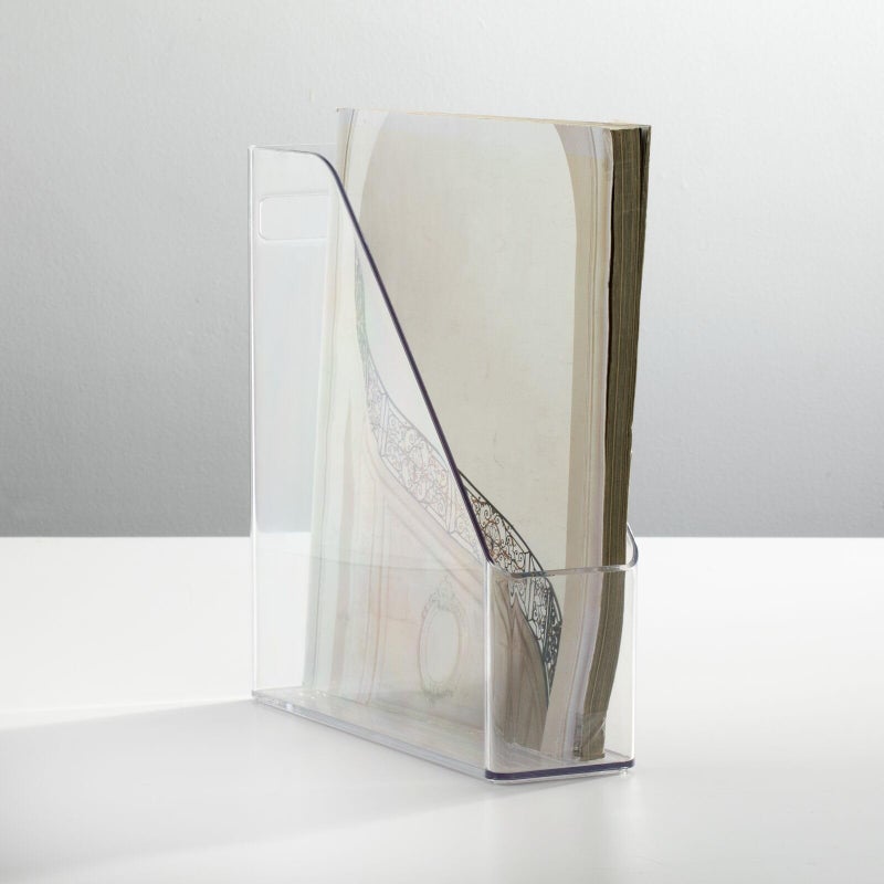 mDesign Plastic Slim Vertical File Folder Storage Organizer Bin with Handle - Hold Notebooks, Binders, Envelopes, Magazines for Home Office, Work Desktops, Ligne Collection, 2 Pack, Clear - Image 2