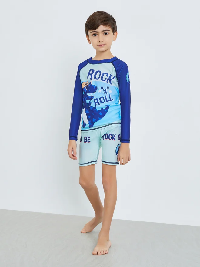 Styli Kids Blue Dinosaur Print Swimsuit Set