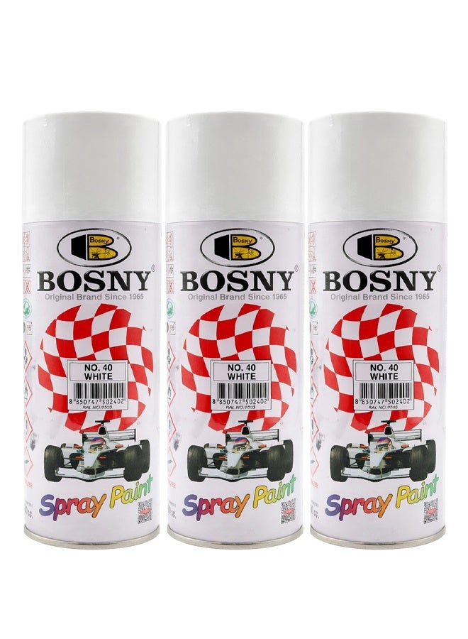 Bosny Combo 3 pcs Bosny No.40 White Spray Paint 400ml Aerosol Multi Surface High Gloss Spray Paint for Metal Wood Wall Glass Canvas Automotive Touch Up Quick Dry Durable White Paint for Furniture Home Interior Exterior DIY Projects - Image 1