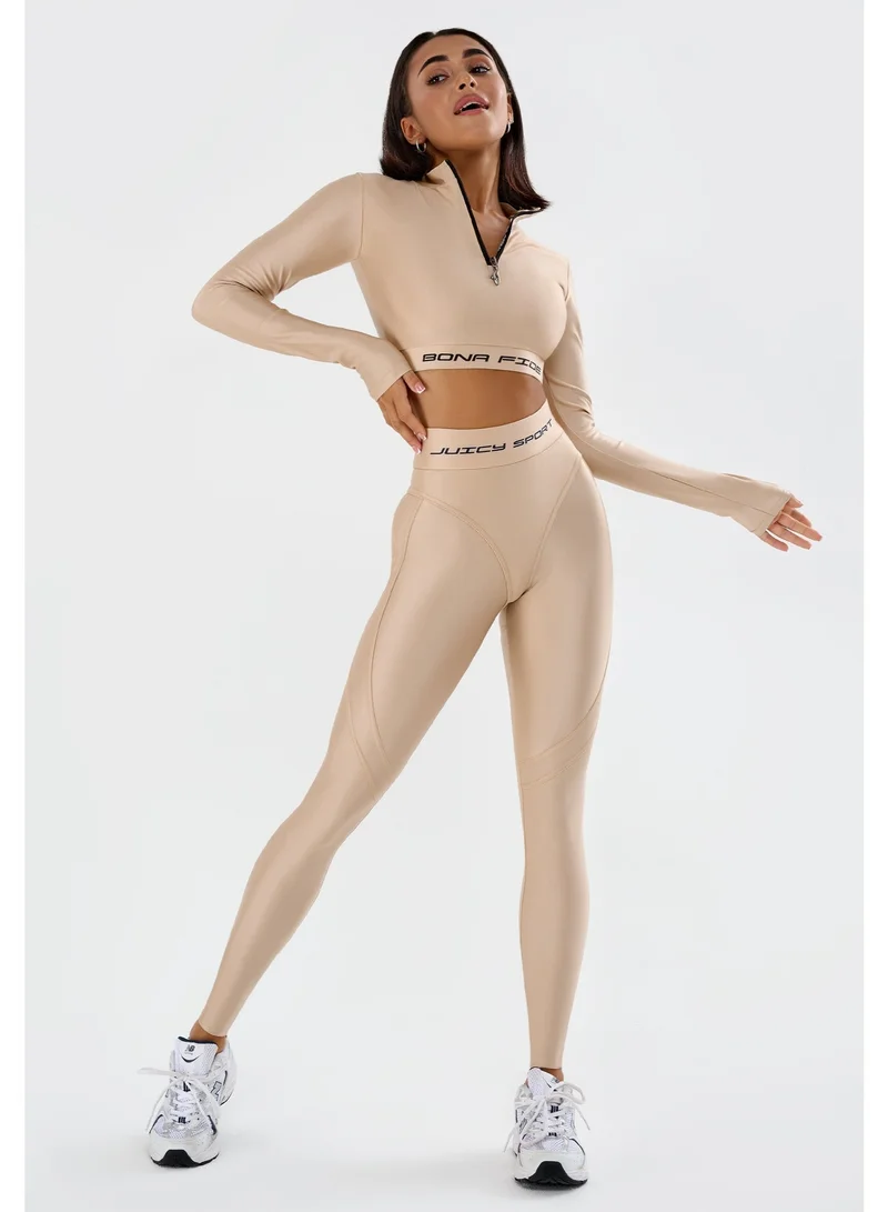 Bona Fide Juicy Nude Bona Fide Premium Long Sleeve Quarter-Zip Workout Crop Top for Women - Seamless Compression Athletic Shirt for Gym, Yoga & Running - Breathable High-Performance Sportswear - Elegant Light Beige for Women | Best Price UAE