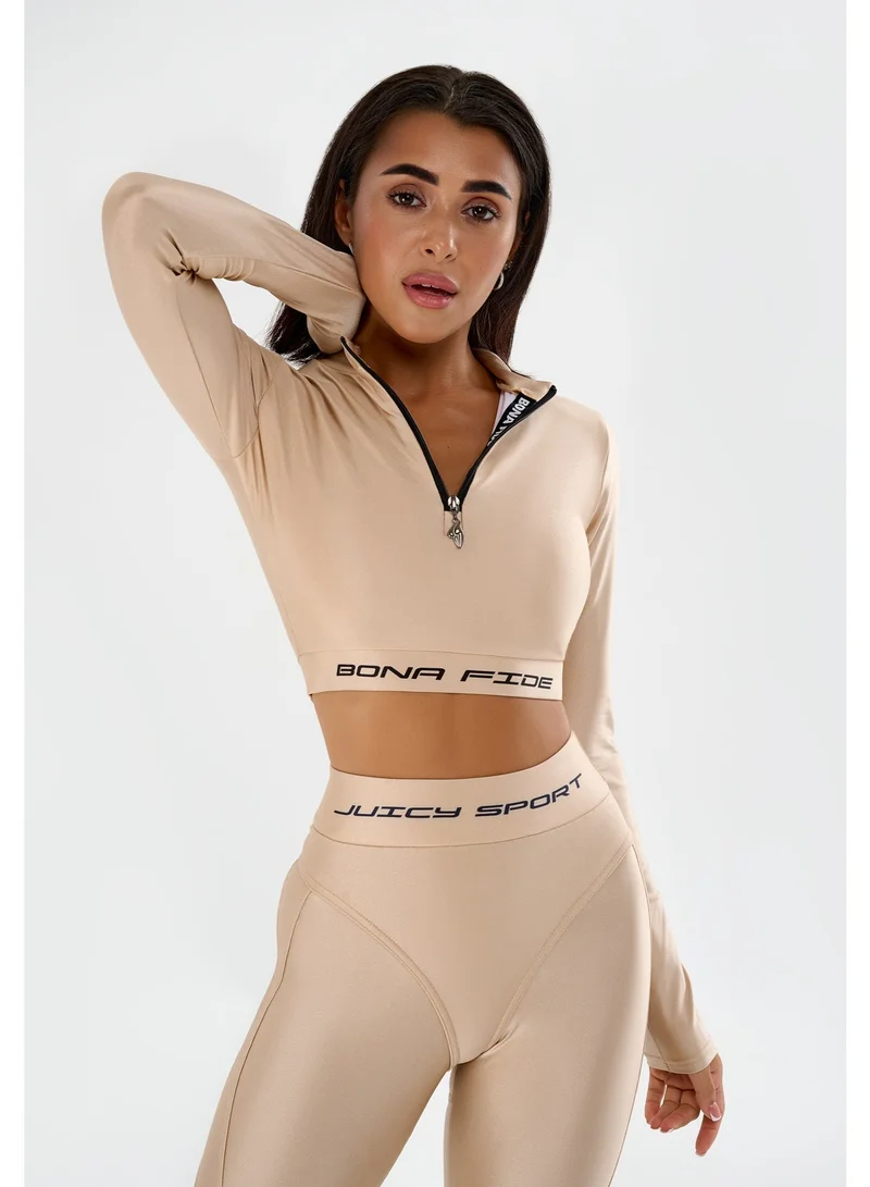 Bona Fide Premium Long Sleeve Quarter-Zip Workout Crop Top for Women - Seamless Compression Athletic Shirt for Gym, Yoga & Running - Breathable High-Performance Sportswear - Elegant Light Beige