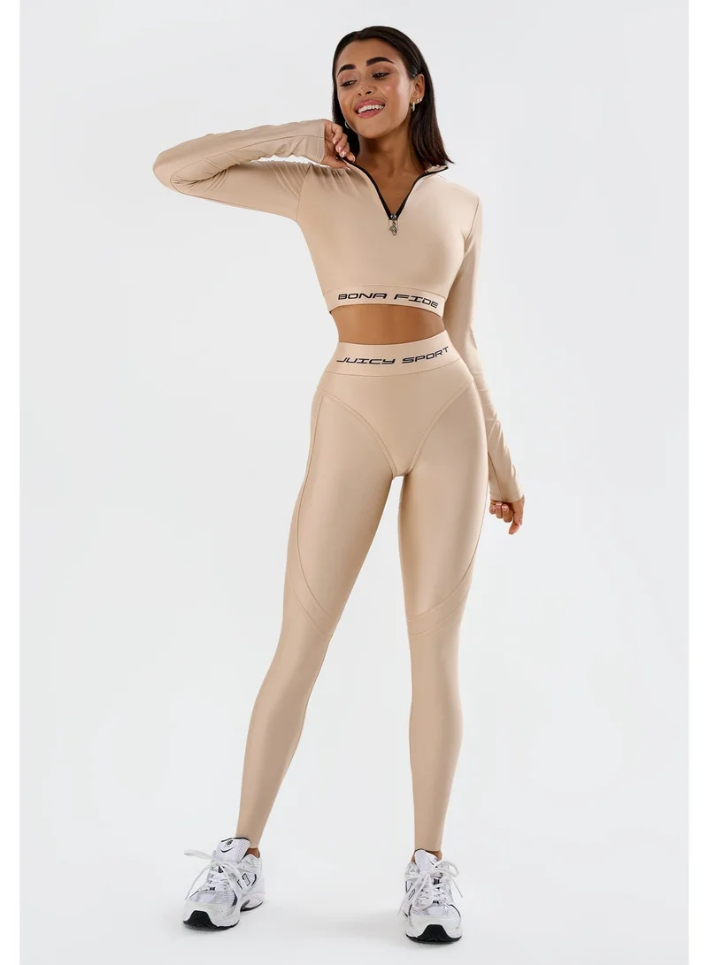 بونا فيدي بونا فايد توب رياضي نسائي فاخر بأكمام طويلة وسحاب ربع - قميص رياضي ضاغط بدون خياطة للجيم واليوغا والجري - ملابس رياضية مسامية عالية الأداء - لون بيج فاتح أنيق