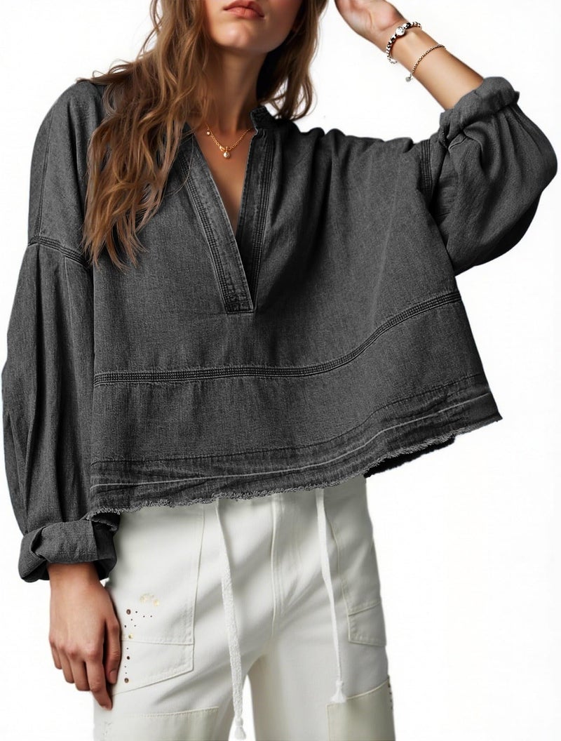 PLNOTME Womens Denim Tops Pullover Trendy Casual V Neck Loose Fit Puff Sleeve Jean Cotton Shirts - Image 1
