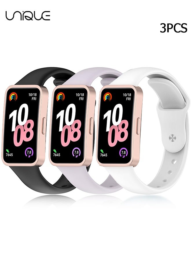 Unique 3 Pack Sport Straps Compatible for Huawei Band 8/9/10 Straps Replacement with Pin-and-Tuck Closure Fits Perfectly for Huawei Wristband Band 10/9/8 Smartwatch, Band Change with Metal Connecting Adapters - Women Men Watch Straps - Soft Silicone Strap Replacement Watchbands - Black/White/Purple - Image 1