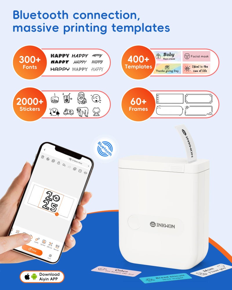 InkWon D110 Label Maker Machine with Tape, Bluetooth Mini Label Maker with Various Templates, Wireless Portable Small Label Printer for Home, Office, School, White - Image 2