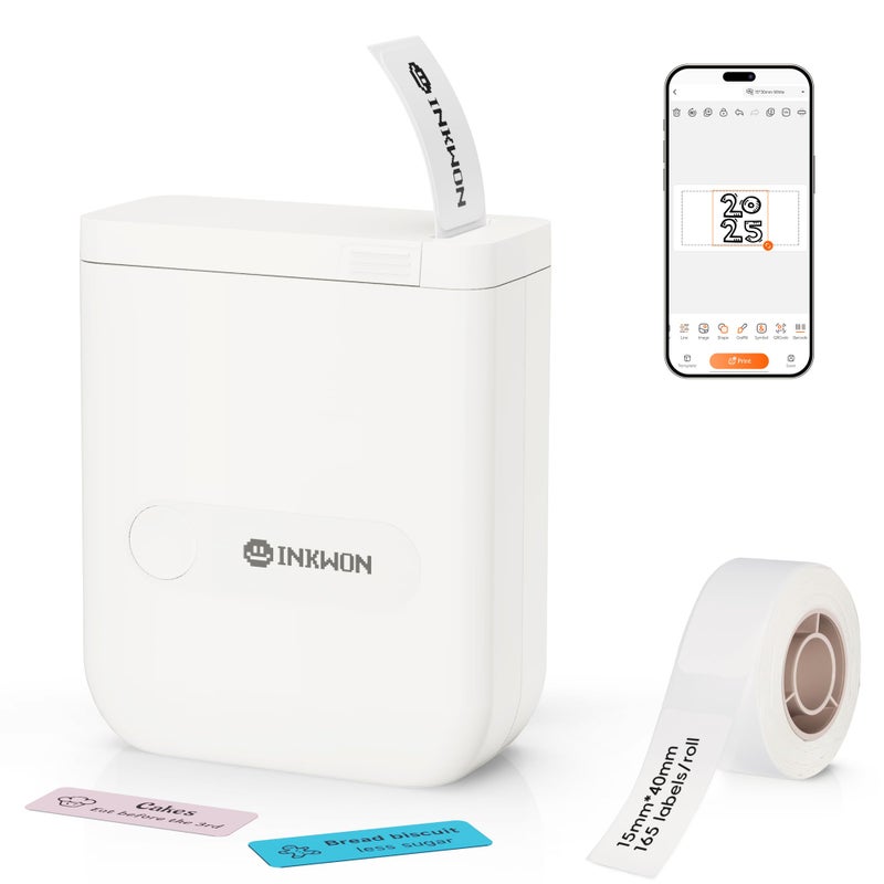 InkWon D110 Label Maker Machine with Tape, Bluetooth Mini Label Maker with Various Templates, Wireless Portable Small Label Printer for Home, Office, School, White - Image 1