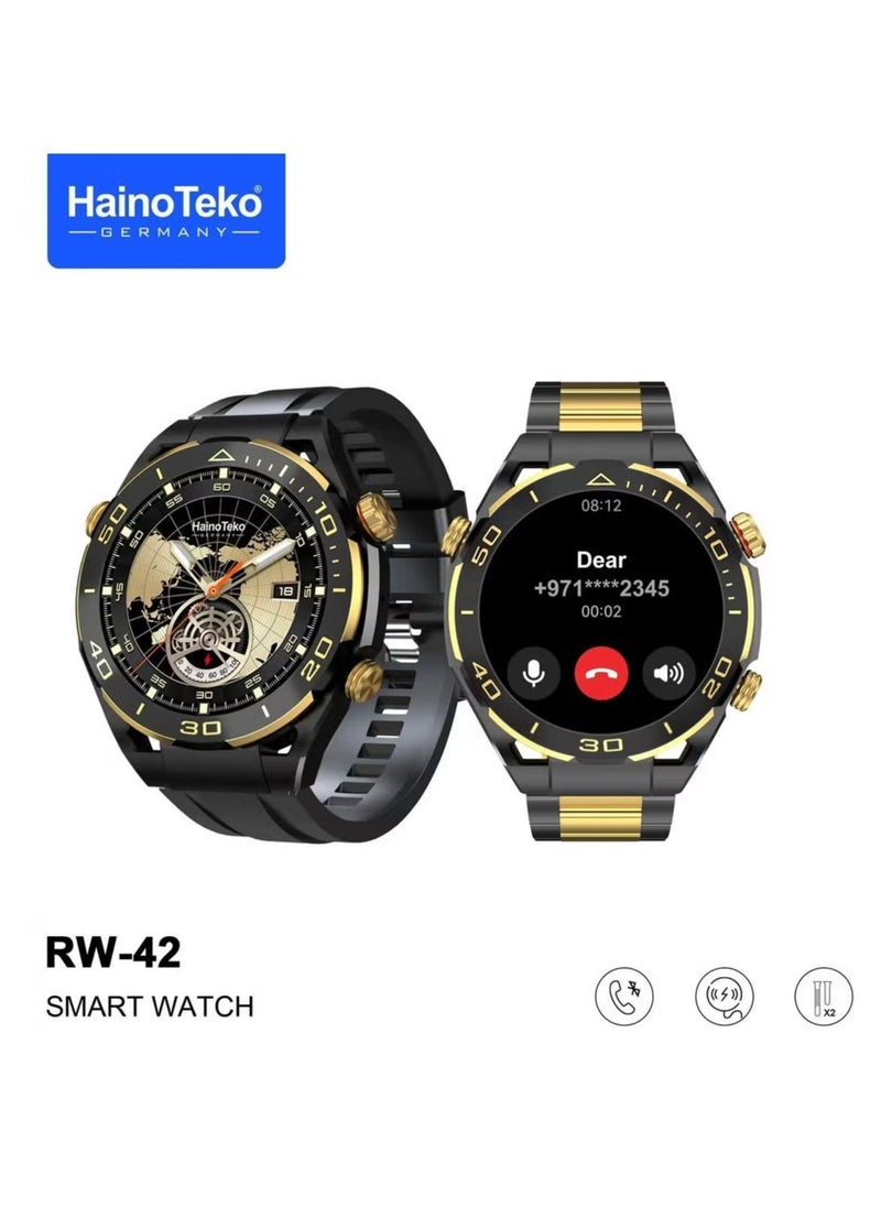 Haino Teko RW42 Round Shape Smart Watch with Large AMOLED Display, 2 Pairs of Straps, and Wireless Charger for Men & Boys – Stylish and Functional Smartwatch for Fitness and Daily Use - Image 1
