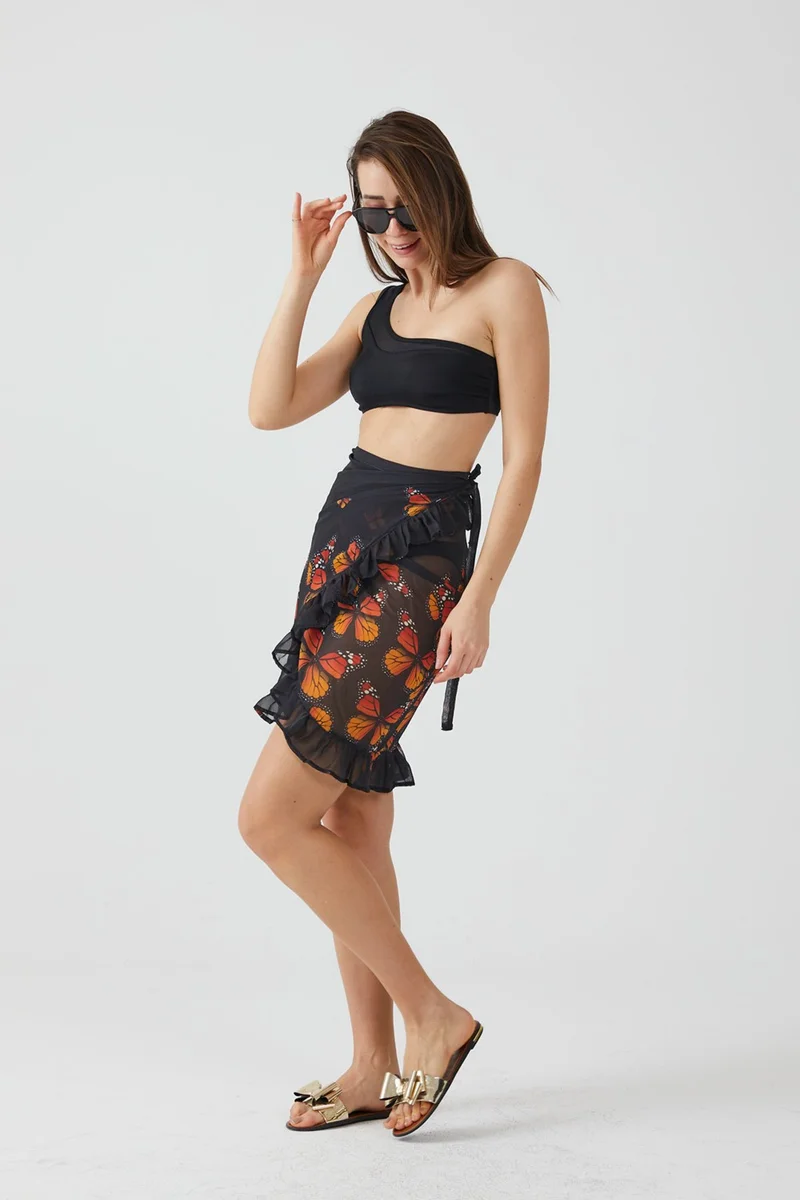 Ays Home Fashion Butterfly Pattern Black Ruffle Pareo Beach Dress