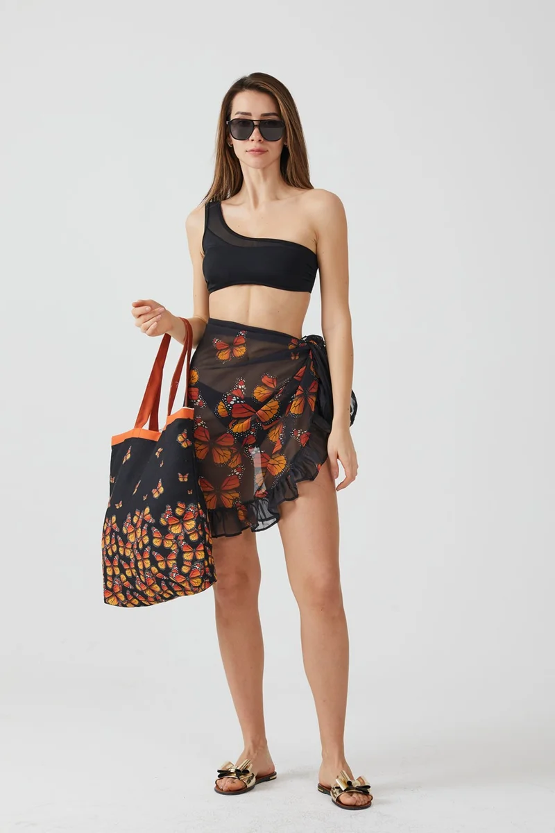 Ays Home Fashion Butterfly Pattern Black Ruffle Pareo Beach Dress