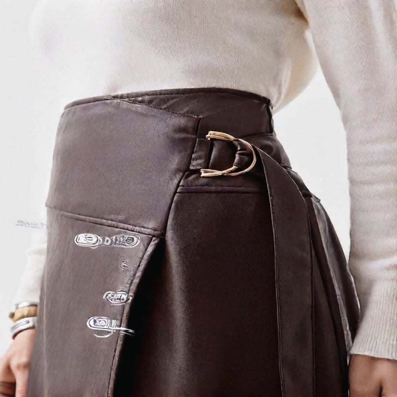 PU Leather Skirt Irregular Split Adjustable Belt A-Line Midi Skirt - Image 4