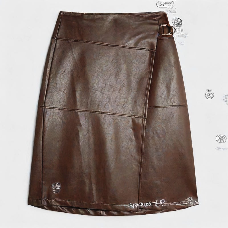 PU Leather Skirt Irregular Split Adjustable Belt A-Line Midi Skirt - Image 3