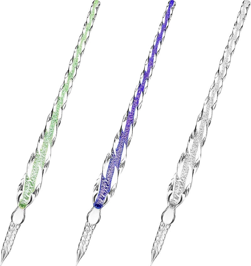 Zonon 3 Pieces Handmade Glass Dip Pen High Borosilicate Glass Elegant Crystal Pen for Writing Drawing Signatures Calligraphy Decoration(Silvery, Blue, Ice Green) - Image 1