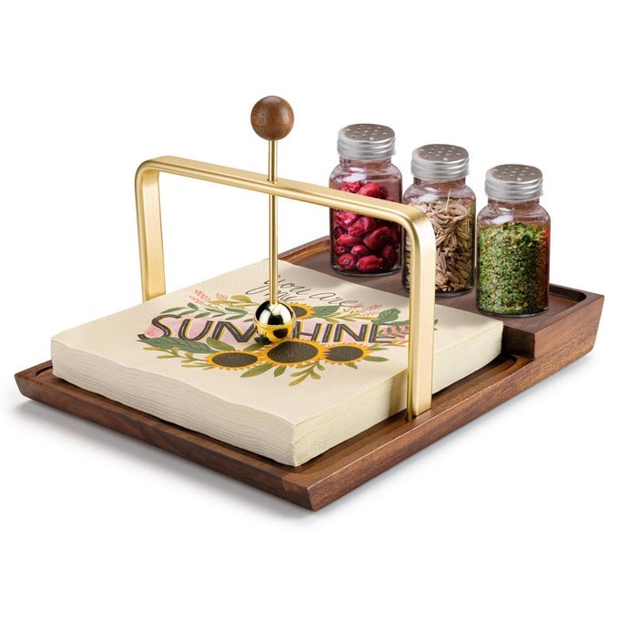 WOODEN NAPKIN HOLDER WITH SALT AND PEPPER SHAKER HOLDER TWOINONE STORAGE FOR NAPKINS AND SEASONING BOTTLES MALFUNCTION SALT PEPPER STORAGE HOLDER AND NAPKIN CADDY FOR KITCHEN RESTAURANT