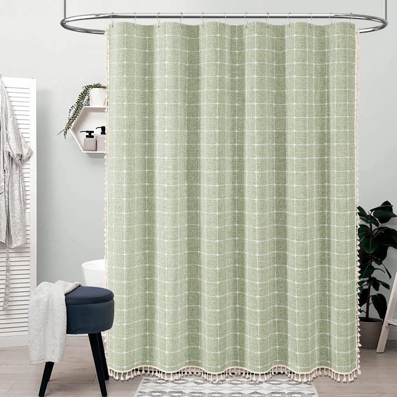 BTTN Boho Farmhouse Shower Curtain, Linen Rustic Heavy Duty Fabric Shower Curtain Set with Tassel, Water Repellent, Bohemian Vintage Country Thick Cloth Shower Curtains for Bathroom, Sage Green, 72x72 - Image 2