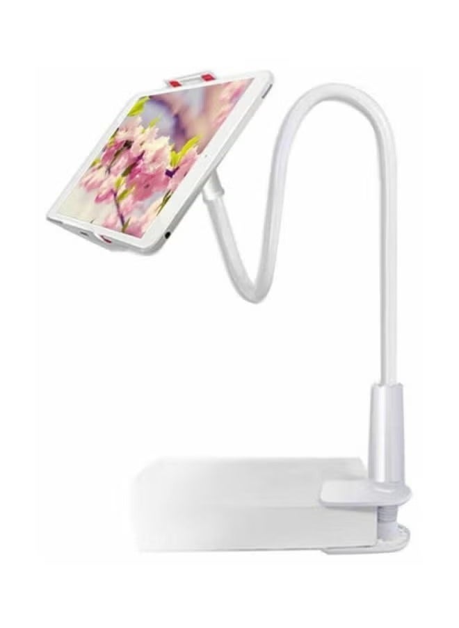 Raxoom Flexible Gooseneck Tablet & Phone Holder Stand – 360° Adjustable Mount for Bed, Desk, Kitchen – Universal Clip Holder for Smartphones, iPads, Tablets (4.7"–12.9") – Sturdy Clamp Base – Hands-Free Viewing – White