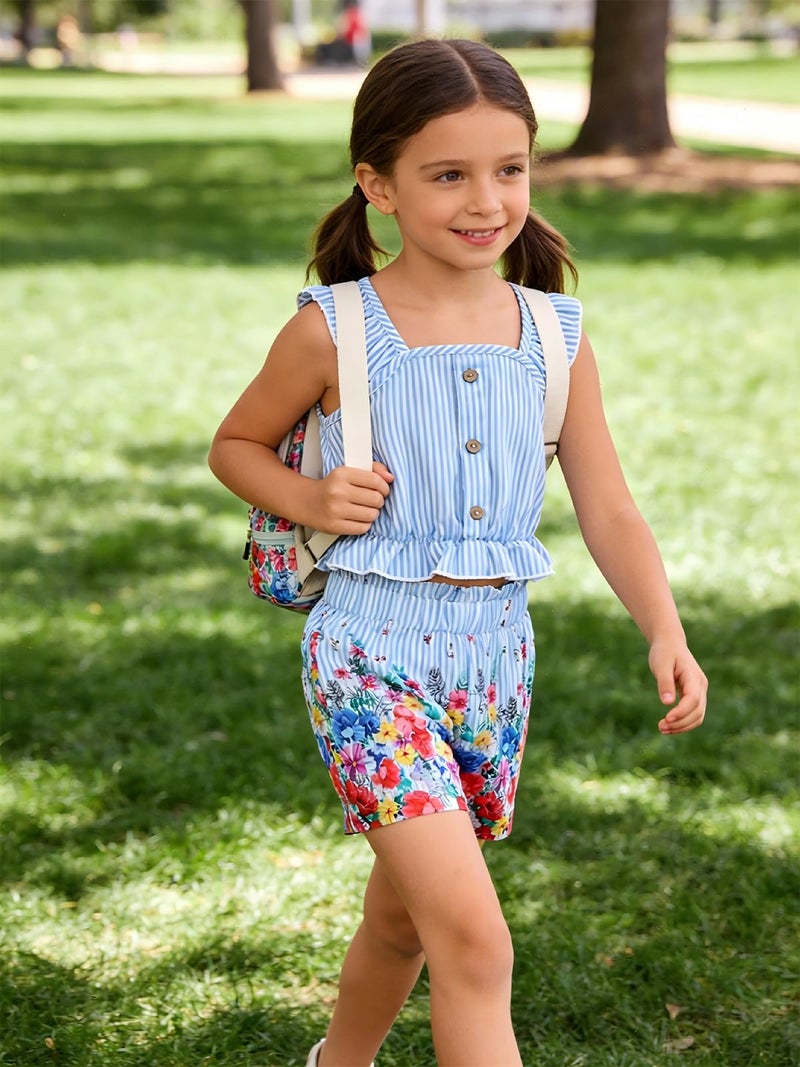 HSOXLQF Kids Toddler Girls Summer Clothes Button Design Striped Tank Top + Floral-Print Elastic Shorts 2 Piece Outfits - Image 2