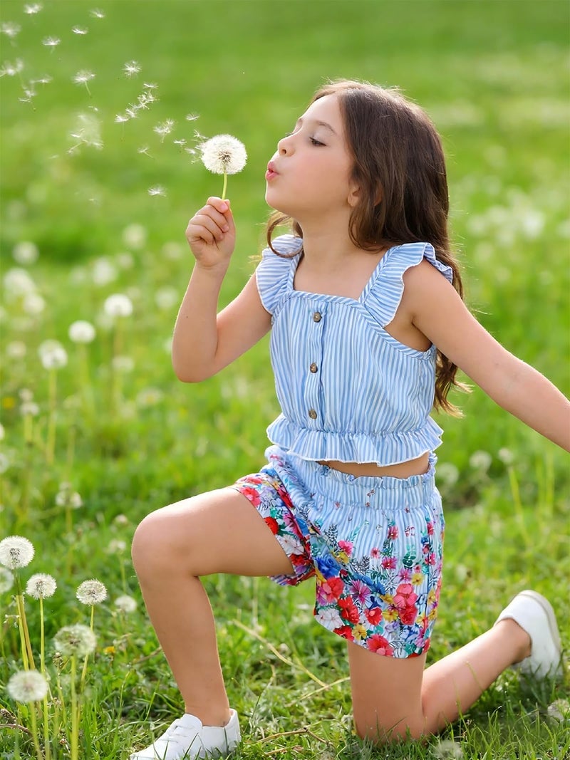 HSOXLQF Kids Toddler Girls Summer Clothes Button Design Striped Tank Top + Floral-Print Elastic Shorts 2 Piece Outfits - Image 3