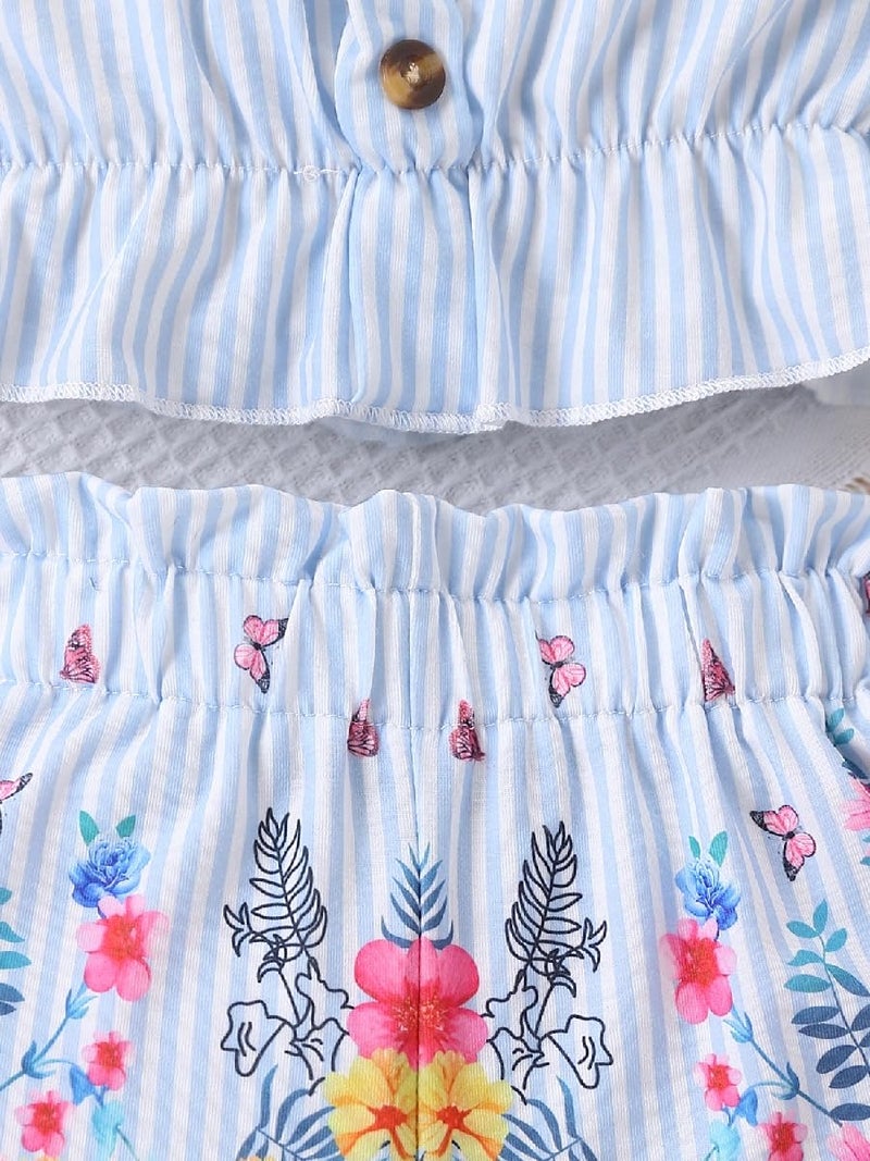 HSOXLQF Kids Toddler Girls Summer Clothes Button Design Striped Tank Top + Floral-Print Elastic Shorts 2 Piece Outfits - Image 5